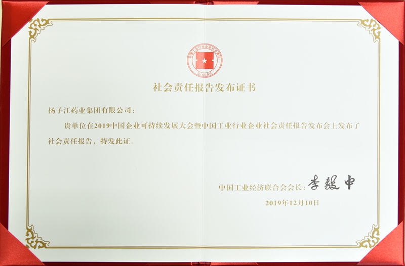 社會(huì)責(zé)任報(bào)告發(fā)布證書（中國(guó)工經(jīng)聯(lián)，2019）